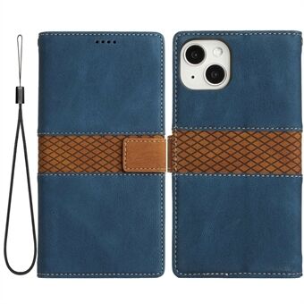For iPhone 13 mini  Grid Splicing Decor PU Leather Cover Shockproof Anti-fall Phone Stand Wallet Case with Strap
