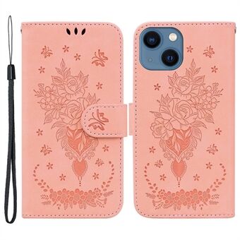For iPhone 13 mini  Anti-scratch Phone Cover Imprinting Roses Butterflies Pattern Shockproof Leather Full Coverage Anti-drop Phone Case Wallet Stand