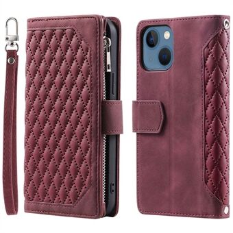 005 Style Zipper Pocket Läderfodral för iPhone 13 mini , Rhombus Texture Stand Plånbok Stötsäkert telefonfodral med handledsrem