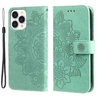 Chic Out-Look Flower Imprinting Plånbok Läder Stand Protector Case med rem för iPhone 13 Pro Max 6,7 tum - Grön