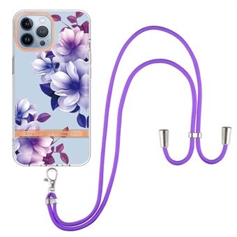 For iPhone 13 Pro Max 6.7 inch YB IMD-9 Series Flower Pattern IMD Electroplating Cover Light Slim Soft TPU Phone Case with Lanyard