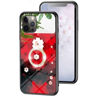 Magic Mirror Series Phone Case for iPhone 13 Pro Max , Flower Pattern Ring Kickstand Tempered Glass + PC + TPU Cover with Mirror Function
