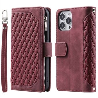 För iPhone 13 Pro Max  005 Läder Mobilfodral Väska Rhombus Grid Textured Zipper Pocket Stand Plånbok Telefonskal med rem