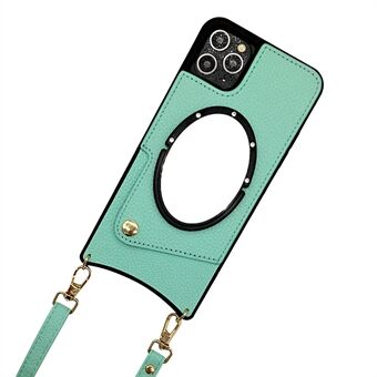 För iPhone 13 Pro Max 6,7 tum Fish Tail Design Läderbelagd TPU Axelrem Telefonfodral Spegel Korthållare Fodral