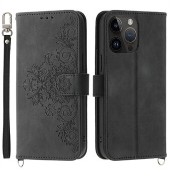 För iPhone 13 Pro Max 6,7 tums plånboksfodral med tryckta blommor Skin-touch PU-läderhandväska Flip Stand Telefonskydd med handledsrem och axelrem