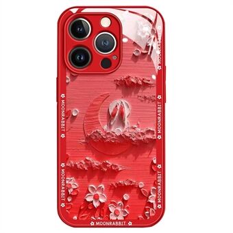 För iPhone 13 Pro Max 6,7 tum Anti-dropp bakstycke Moon och kanin Oljemålning Härdat glas + TPU telefonfodral