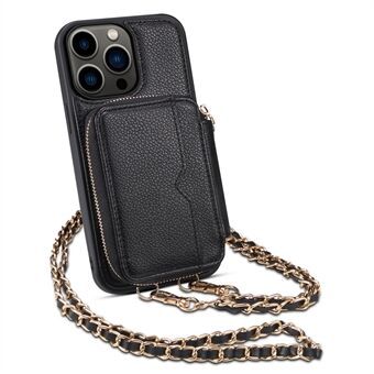 För iPhone 13 Pro Max Korthållare Telefonskydd Kickstand Plånbok PU Läder+TPU Telefonfodral med rem