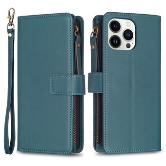 BF Style-19 Dragkedja Plånbok Läderfodral för iPhone 13 Pro Max, Flip Stand Enfärgat telefonfodral med rem
