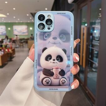 För iPhone 13 Pro Max Mjölkte Panda Mönstertryck Anti-dropp härdat glas+TPU-fodral Telefonskydd med linsfilm