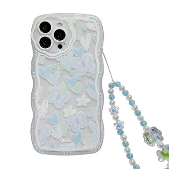 För iPhone 13 Pro Max Klar TPU telefonfodral Hjärtformad fjärilsmönster telefonfodral med pärlkedja
