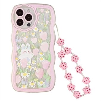 För iPhone 13 Pro Max kanin blommönster telefon TPU-fodral Klart telefonskydd med handledskedja