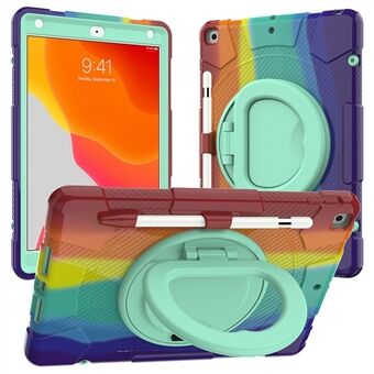 För iPad 10.2 (2019) / (2020) / (2021) P8 Rainbow Color PC + Silikon Hybrid Tablet Fodral 360 graders rotation Stativ och axelrem