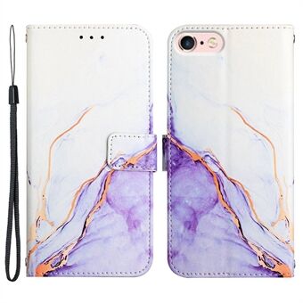 YB Pattern Printing Series-5 for iPhone SE (2022)/SE (2020)/8/7  Marble Pattern Wallet Cover PU Leather Stand Function Protective Phone Case with Strap