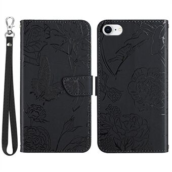 For iPhone SE (2022)/SE (2020)/8/7  Leather Phone Cover Stand Skin-touch Feeling Butterfly Flower Pattern Imprinted Pattern Flip Wallet with Wrist Strap