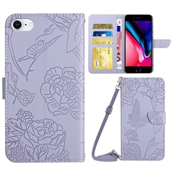 For iPhone 7 / iPhone 8 / iPhone SE 2020/2022, Butterflies Flower Imprinted Stand Leather Case Wallet Cover with Shoulder Strap