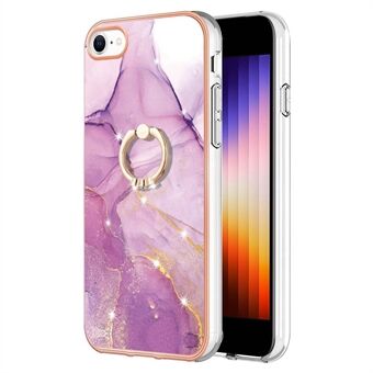 YB IMD Series-10 for iPhone 7/8/SE (2020)/SE (2022) Ring Kickstand Design Marble Pattern IMD TPU Case Electroplating Frame Phone Cover