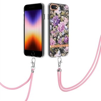 YB IMD-11 Series Phone Case for iPhone SE (2020)/SE (2022)/7/8 , Soft TPU IML IMD Flower Pattern Electroplating Shell with Lanyard