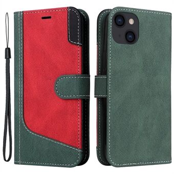 Trefärgad skarvning Stötsäkert telefonfodral för iPhone 14 , Stand plånbok PU-läderfodral med rem