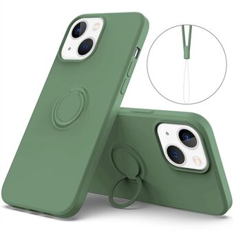 För iPhone 14 s mobilfodral Magnetisk metallplåt Design Ring Kickstand Flytande Silikon Telefonskydd med handledsrem