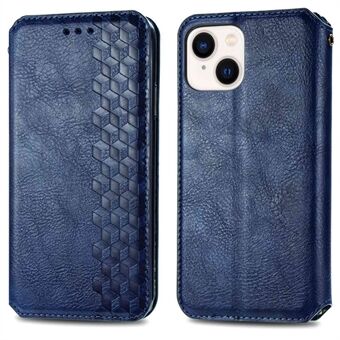 För iPhone 14  Stötsäkert Flip Läder plånboksfodral Autoabsorberat magnetiskt Rhombus Imprinting Phone Cover Stand