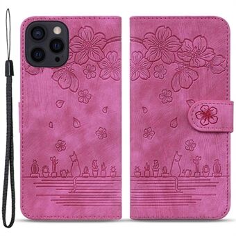 Cherry Blossom Cat Imprinted Fodral för iPhone 14 , Stand PU-läder Anti-dropp telefonplånboksfodral med rem