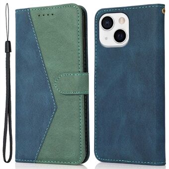 För iPhone 14  Dubbelfärgad skarvning av PU-läder plånboksställ Folio Flip Stand Skal med handledsrem