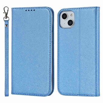 För iPhone 14  PU Läder Silke Texture Antislitage Telefonfodral Stand Anti-chock plånboksskal med handledsrem
