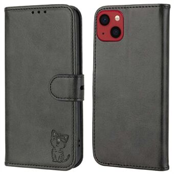 Happy Cat Pattern Stand Phone Case för iPhone 14 , PU-läderfodral med fullständigt skydd med plånboksställ