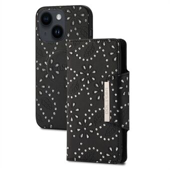 För iPhone 14 bladpräglat glitterblommadesign PU-läder Avtagbar telefon Skyddsfodral Plånboksfodral