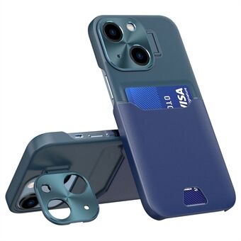 För iPhone 14 PU-läder+PC-telefon Anti-drop Cover Card Slot Design Baksida med metalllinsram Stativ