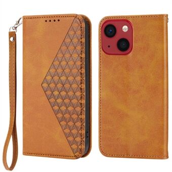 För iPhone 14 Anti Scratch Calf Texture Magnetic Wallet PU Läderfodral Tryckt Rhombus Mönster Stand Cover med rem