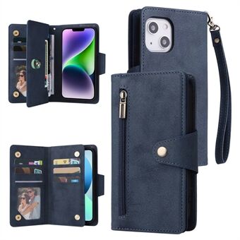 För iPhone 14 PU Läder Magnetisk handväska Plånbok Flip Telefonfodral Nit Dekor Blixtlåsficka Flera kortplatser Stand med rem