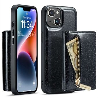 DG.MING M3-serien för iPhone 14 2-i-1 Löstagbart stötsäkert telefonfodral Glittrande plånbok med dragkedja Magnetisk bakre skal Stativ
