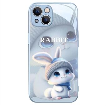 För iPhone 14 bakstycke, tecknad kanin med stickad mössa härdat glas+TPU telefonskyddsfodral