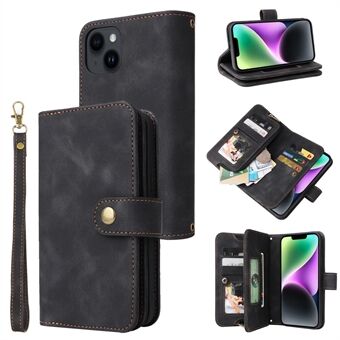 Zipper Pocket Phone Läderfodral för iPhone 14 Stand Wallet Multifunktionellt telefonfodral med remmar