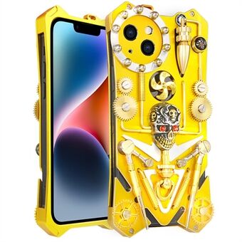 För iPhone 14 Metal Mechanical Gear Armor Case Handgjord Skull Shockproof Phone Cover - Guld