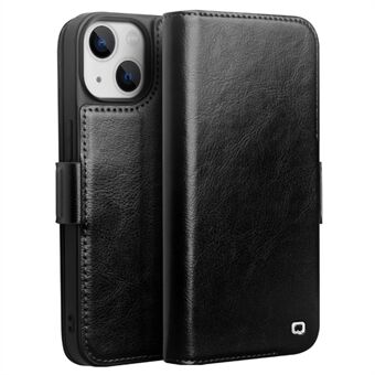 QIALINO för iPhone 14 Folio plånboksfodral i äkta koläder Stand Magnetiskt Flip Telefonskydd