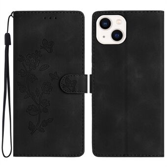 Flower Imprint plånboksfodral för iPhone 14, PU-läder + TPU Stand telefonfodral