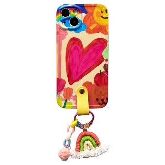 För iPhone 14 Graffiti Hjärtmönster Telefonfodral Rainbow Hanging Decor TPU-skal med läderaxelrem