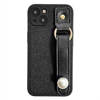 För iPhone 14 Dammtät telefonfodral Pearl Decor Armband Svart PU-läder+TPU-telefonskal