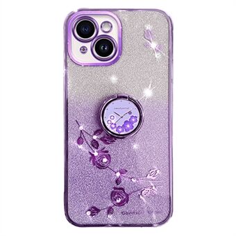 För iPhone 14 Mobiltelefon Guard Case Ring Kickstand Flower Pattern Glitter TPU Cover