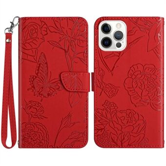 För iPhone 14 Pro  Butterfly Flowers Imprinted Stand Läderfodral Plånbok Telefonskydd med praktisk rem