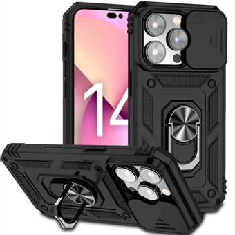 För iPhone 14 Pro 6,1 tum hård PC + mjuk TPU Rotary Kickstand Fodral Anti-fall telefonskydd med glidande kameraskydd - svart