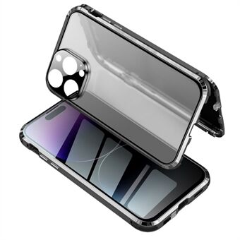 För iPhone 14 Pro Fallsäkert telefonfodral Spy dubbelsidigt härdat glas + magnetiskt metallram telefonfodral med låsspännedesign