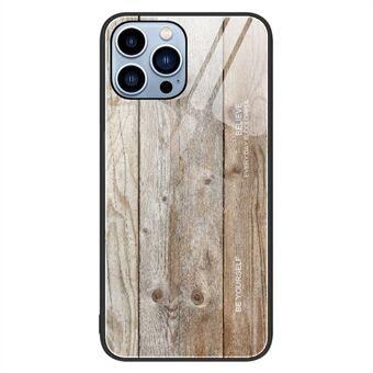 För iPhone 14 Pro s bakstycke med trämönster i härdat glas TPU-ram Stötdämpande telefonfodral