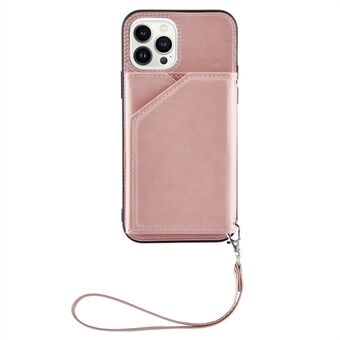 YB Leather Coating Series-2 för iPhone 14 Pro  5G Kickstand Korthållare Telefon Bakväska PU Läderbelagd TPU Skyddsfodral med rem