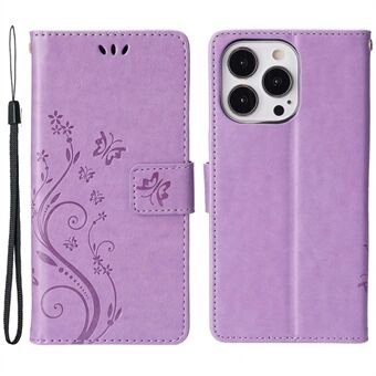 För iPhone 14 Pro s telefonfodral Imprinted Butterflies Fullt skydd PU-läder plånboksfodral Stand med rem