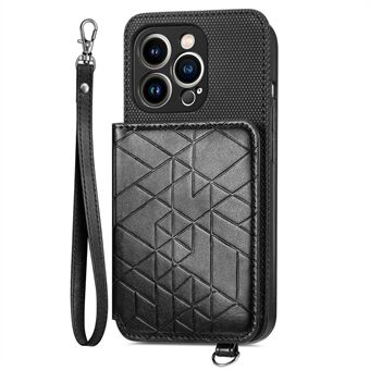 Plånbok Kickstand telefonfodral för iPhone 14 Pro, geometripräglat PU-läder + TPU-fodral med inbyggd metallplåt och handrem