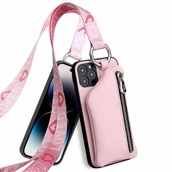 För iPhone 14 Pro Kollisionsbeständig löstagbar plånbok PU-läderbelagd TPU-telefonfodral Blixtlåsficka Skyddsfodral med snodd