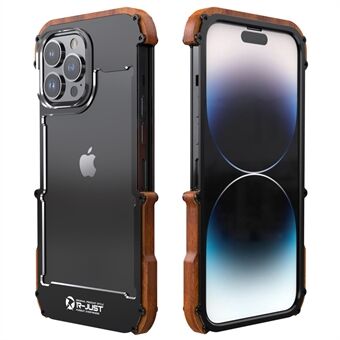 R-JUST Anti-Fall Bumper Case för iPhone 14 Pro Trä + Ram av aluminium Stötsäkert skal Skyddande telefonfodral